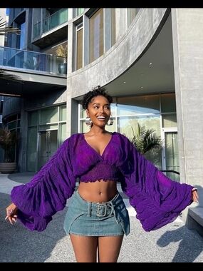 *SOLD* Deep Purple Smocked Crop Top with Dramatic Balloon Sleeves - Women